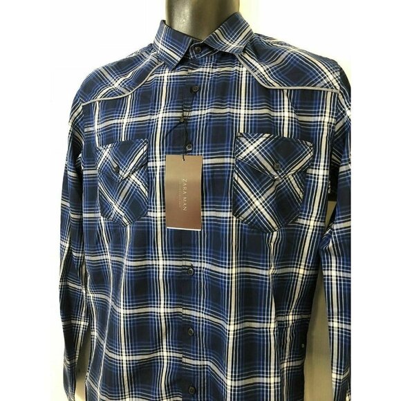 ZARA Man Denim Collection Blue Slim Plaid Shirt M - Picture 1 of 6